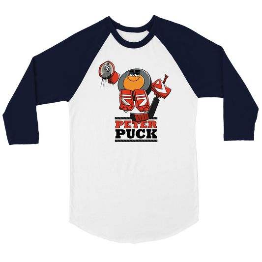 Peter Puck Plays Goalie Mens 3/4 sleeve Raglan T-shirt