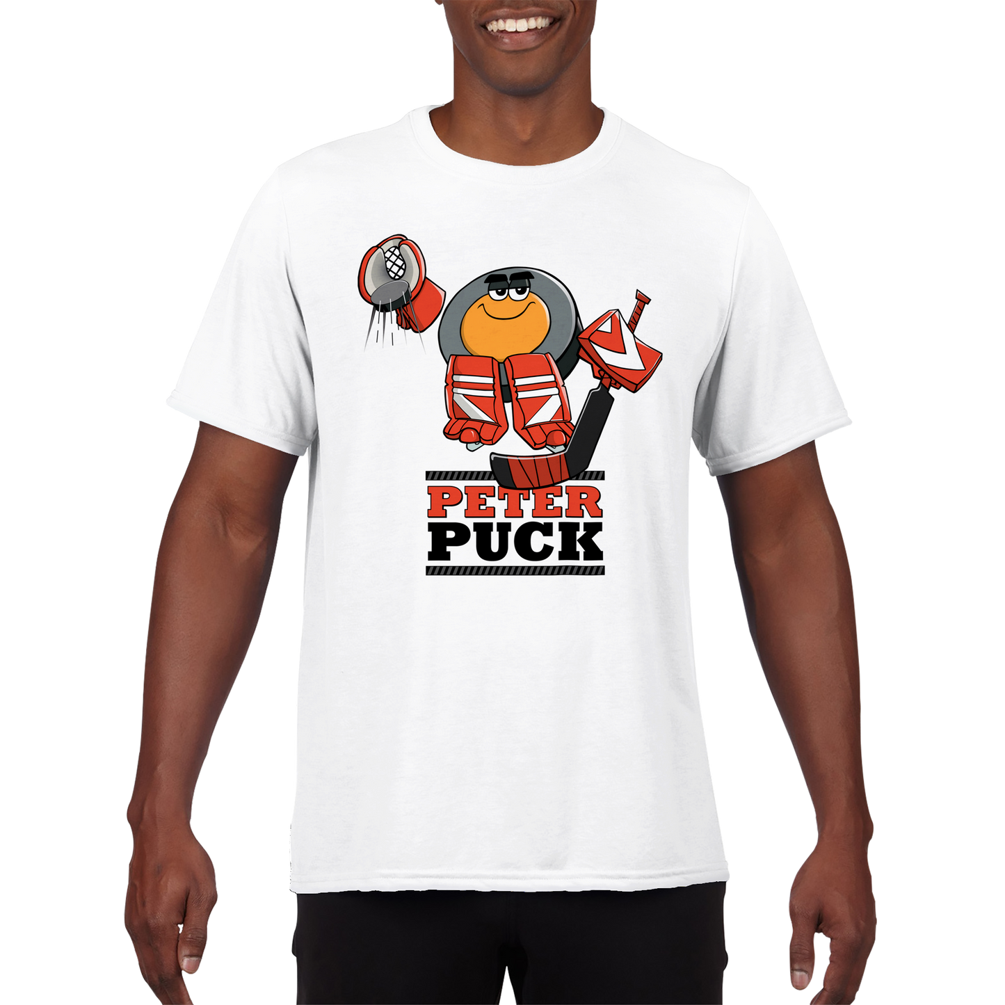 Peter Puck Plays Goalie Mens Performance Crewneck T-shirt