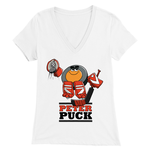 Peter Puck Plays Goalie Premium Womens V-Neck T-shirt