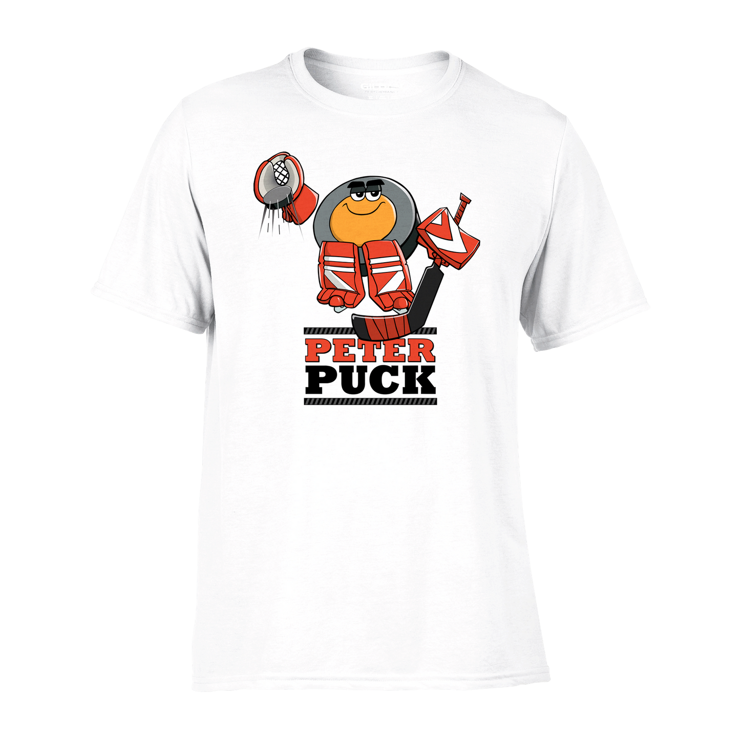 Peter Puck Plays Goalie Mens Performance Crewneck T-shirt